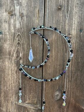 Handcrafted Crescent Moon Beaded Hanging Jewelry - Iridescent Black and Crystal